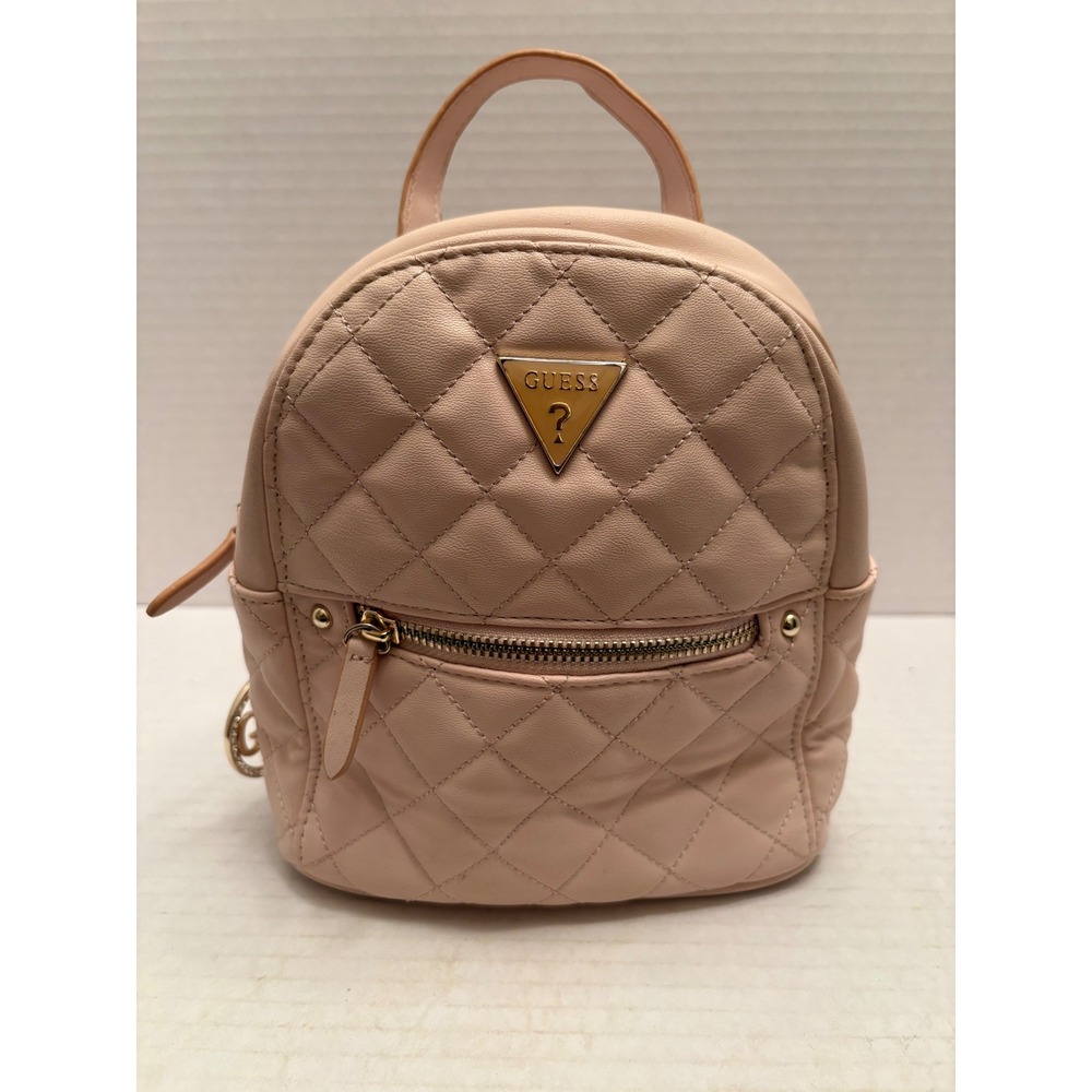 Guess Quilted Mini Backpack Blush Pink Gold Tone Hardware Logo Charm Bag